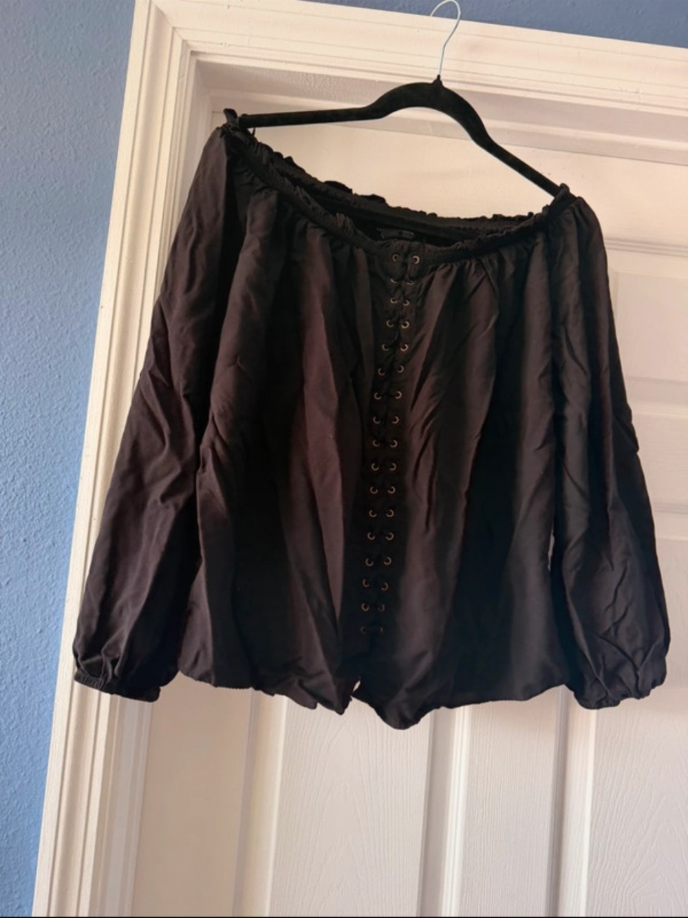 Rock & Republic Black Off-Shoulder Lace-Up Blouse
